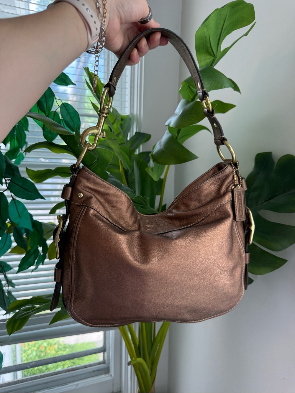 Coach Metallic Bronze Leather Shoulder Bag with Brass Hardware